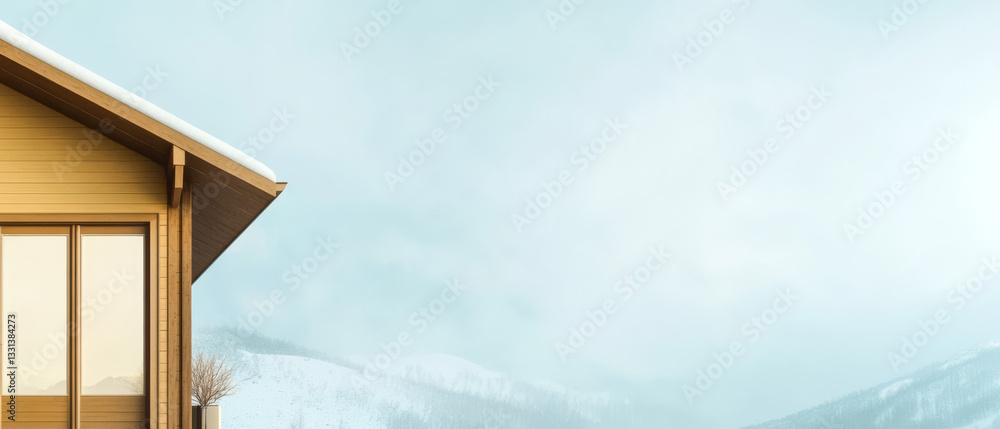 Snowy mountain landscape with modern wooden cabin on a winter afternoon Snowy mountain landscape with modern wooden cabin on a winter afternoon