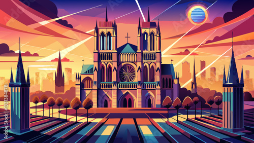 Notre Dame Cathedral in Paris, France, at Sunset with Futuristic, Network Technology Overlay.