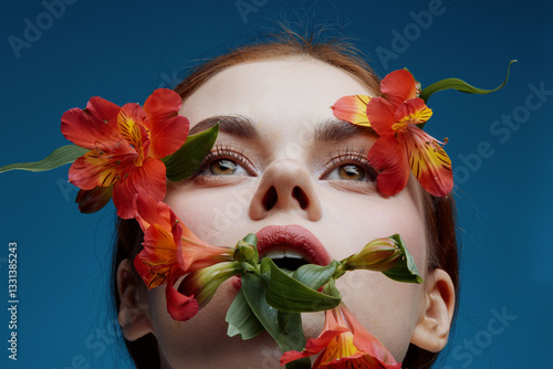 Bild auf Leinwand A close up portrait of a young woman with vibrant flowers accentuating her face,