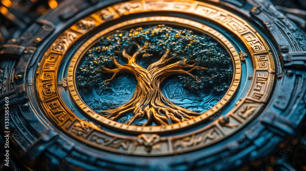 Obraz premium Detailed circular emblem, intricate tree of life design