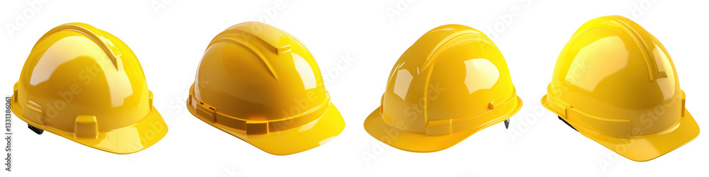 Fototapeta premium Shiny yellow construction helmets in various angles, perfect for safety