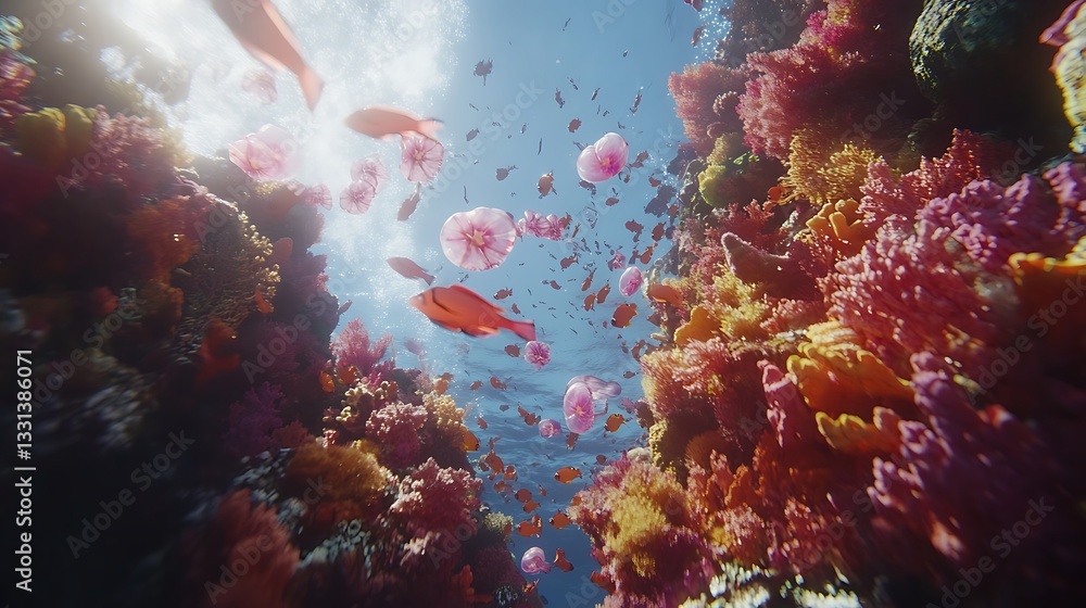 Fototapeta premium Underwater coral reef teeming with fish, jellyfish, and sunlight for environmental documentaries