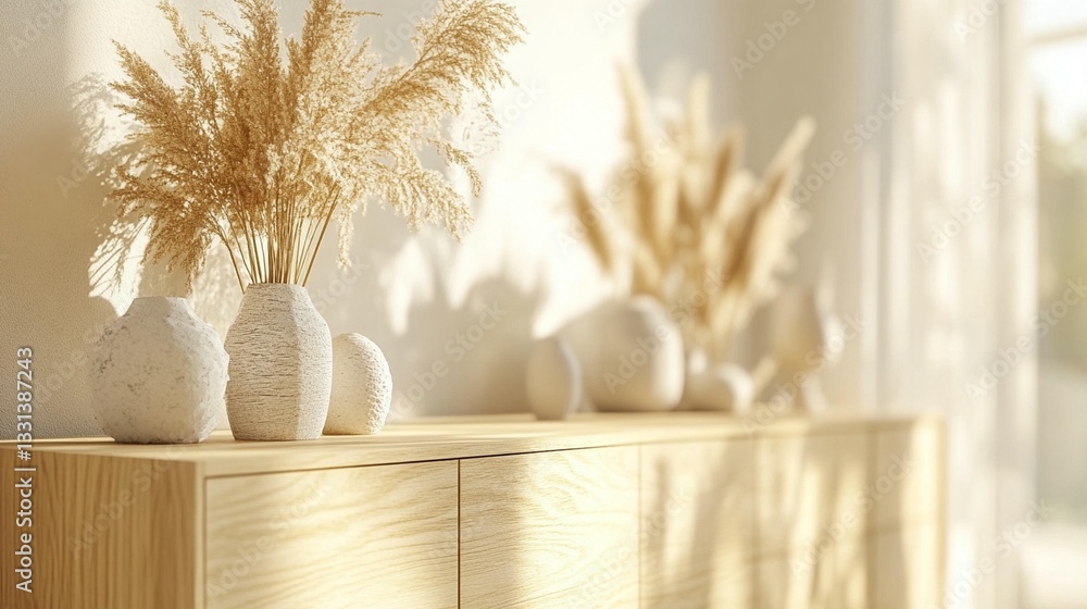 Fototapeta premium Sunlit wooden sideboard with pampas grass in textured vases.