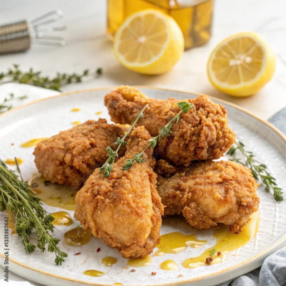 Crispy Fried Chicken with Honey Drizzle
A plate of golden-brown fried chicken pieces, crispy and glistening with oil, is the star of this image. Crispy Fried Chicken with Honey Drizzle
A plate of golden-brown fried chicken pieces, crispy and glistening with oil, is the star of this image.