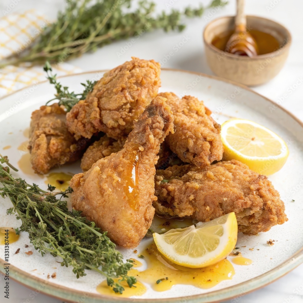 Crispy Fried Chicken with Honey Drizzle
A plate of golden-brown fried chicken pieces, crispy and glistening with oil, is the star of this image. Crispy Fried Chicken with Honey Drizzle
A plate of golden-brown fried chicken pieces, crispy and glistening with oil, is the star of this image.