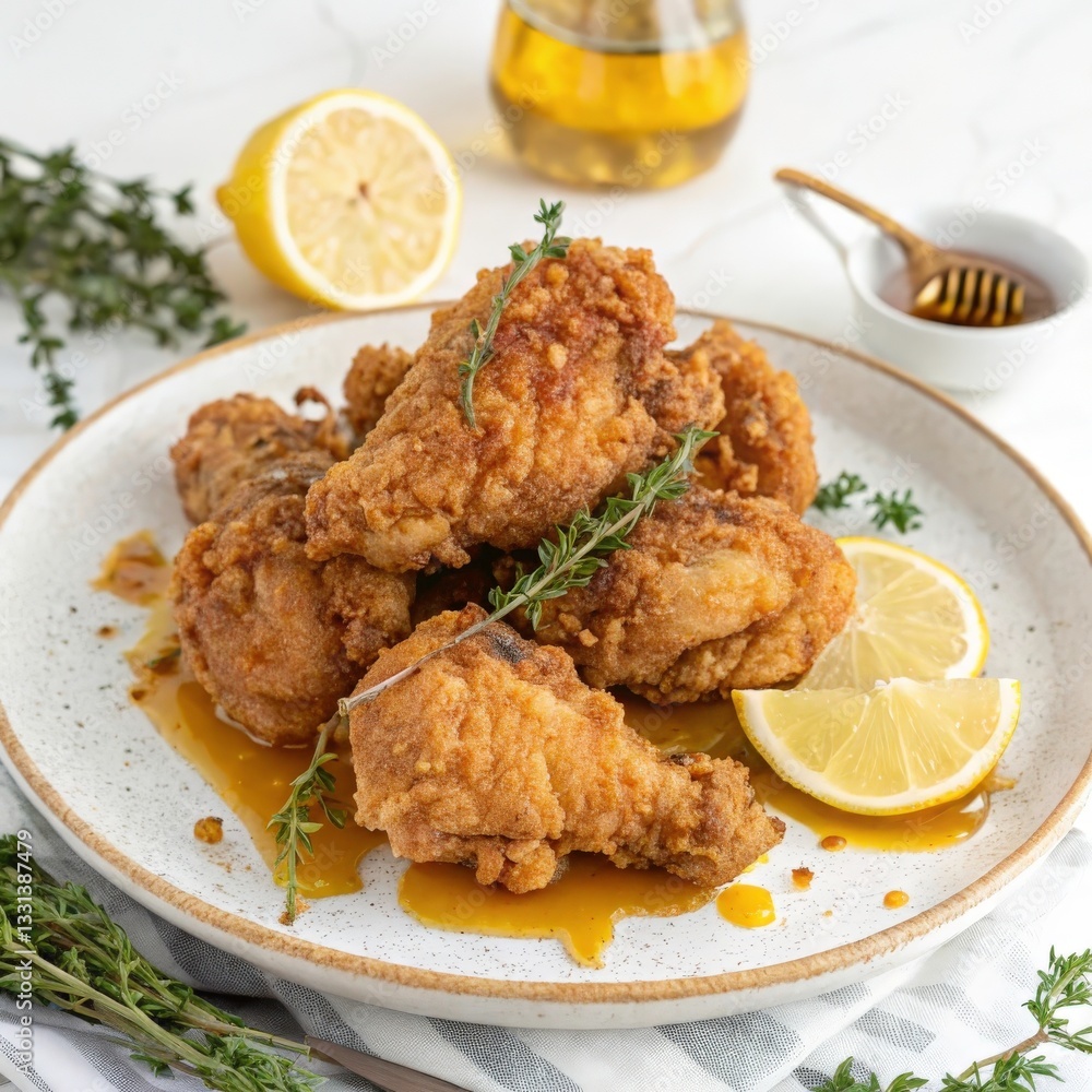Crispy Fried Chicken with Honey Drizzle
A plate of golden-brown fried chicken pieces, crispy and glistening with oil, is the star of this image. Crispy Fried Chicken with Honey Drizzle
A plate of golden-brown fried chicken pieces, crispy and glistening with oil, is the star of this image.