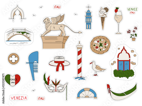 Venice travel destinations. Venice sights. Set of stickers. Vector. Doodle style. Line art	