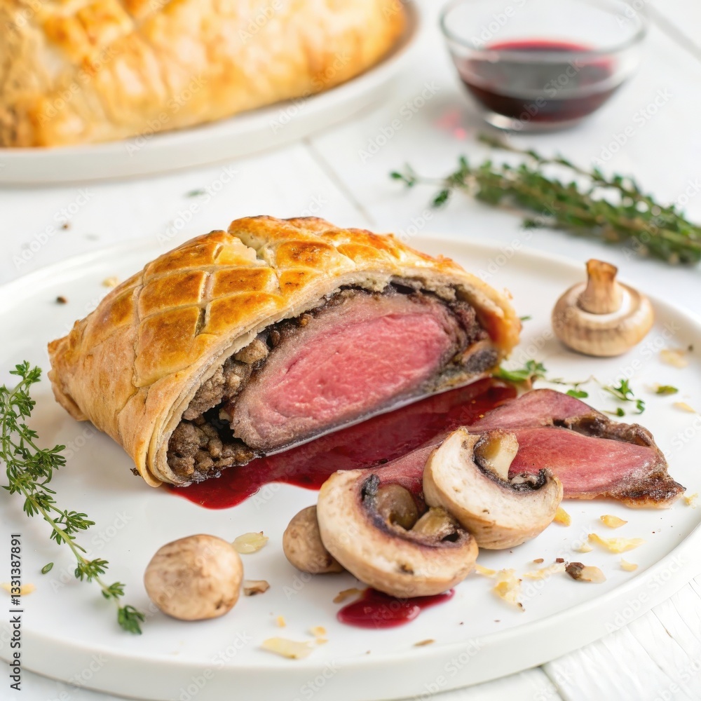 Classic Beef Wellington with Puff Pastry
A slice of beef Wellington is showcased, with a golden, flaky puff pastry crust and a perfectly cooked medium-rare beef interior. Classic Beef Wellington with Puff Pastry
A slice of beef Wellington is showcased, with a golden, flaky puff pastry crust and a perfectly cooked medium-rare beef interior.