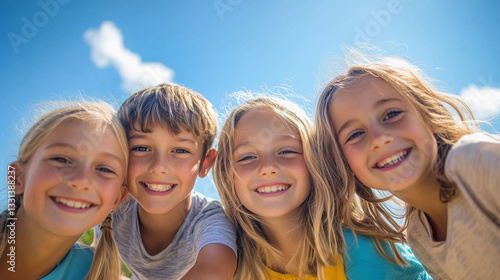 Obraz na płótnie 多国籍の小学生・幼稚園児・保育園児4人がカメラを覗き込んで笑っている写真 背景青空 w salonie