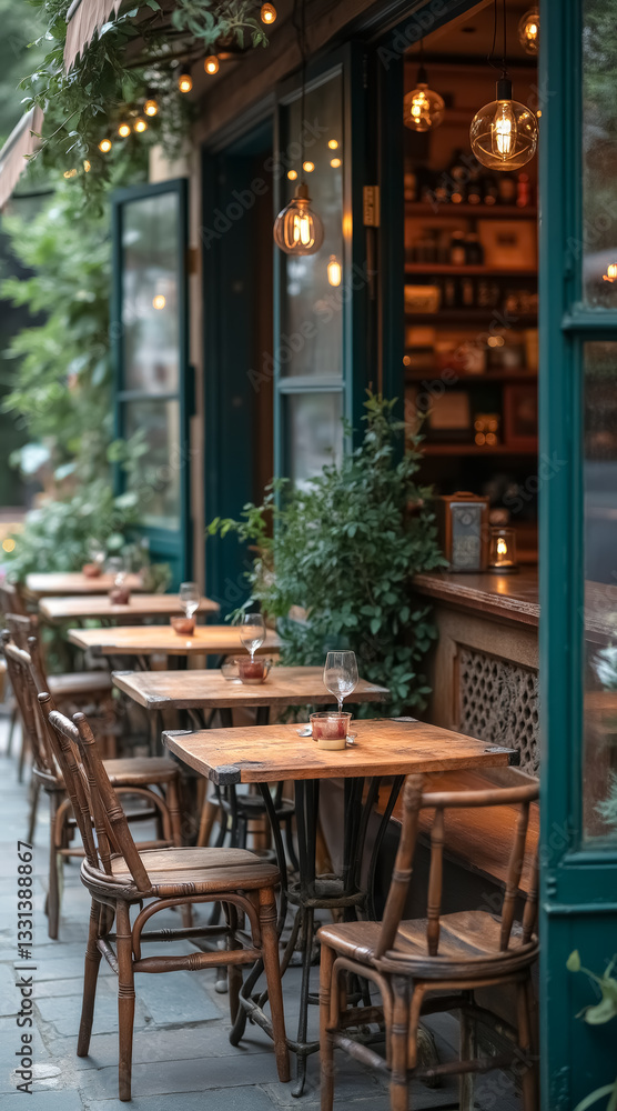 rustic wooden tables and chairs at a charming outdoor cafe at dusk rustic wooden tables and chairs at a charming outdoor cafe at dusk