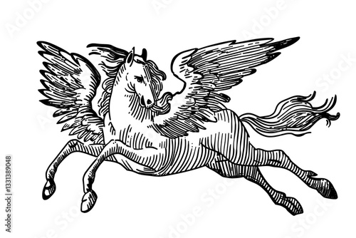 Pegasus in Flight. Vintage Engraved Illustration