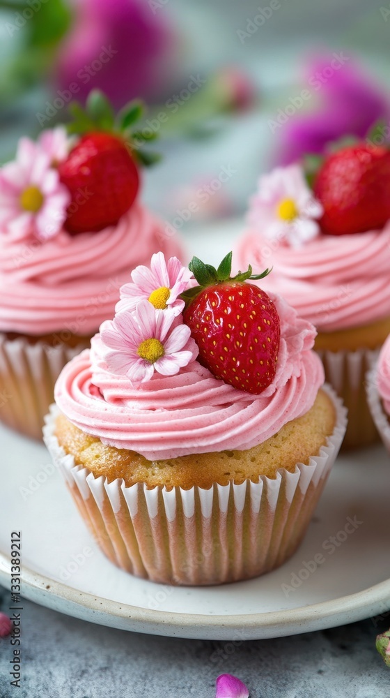 Vanilla cupcakes with pink frosting, strawberries, and flowers Vanilla cupcakes with pink frosting, strawberries, and flowers
