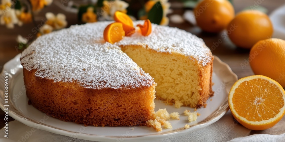 National Lemon Chiffon Cake Day Lemon cake with powdered sugar and orange slices on white plate National Lemon Chiffon Cake Day Lemon cake with powdered sugar and orange slices on white plate