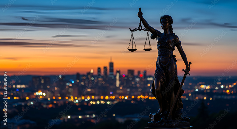 Obraz premium holding scales aloft and a sword at her side, symbolizing law and order bronze statue of Lady Justice stands silhouetted against a dramatic cityscape at dusk,