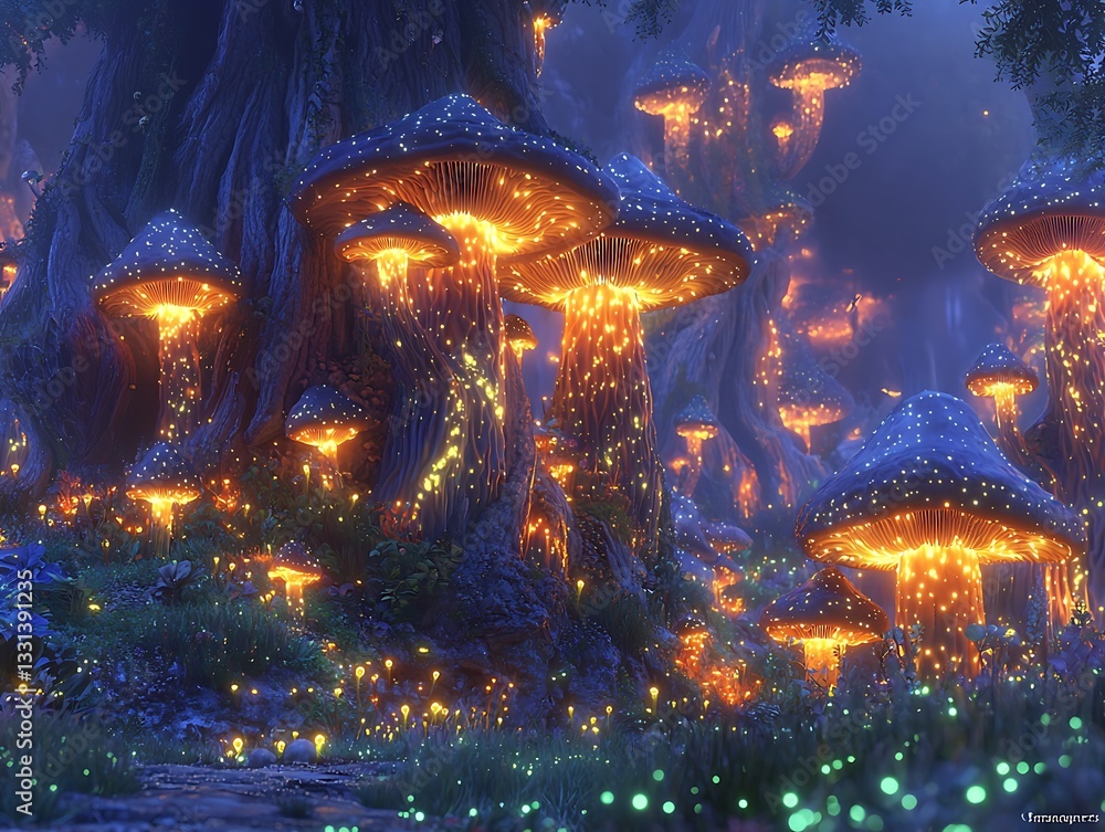 Obraz premium Glowing mushrooms in enchanted forest at twilight.