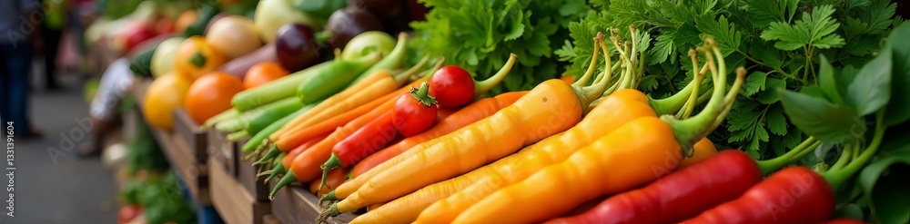 Close-up of various vegetables neatly arranged at market stall, fresh, variety, vibrant Close-up of various vegetables neatly arranged at market stall, fresh, variety, vibrant
