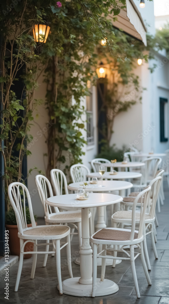 Obraz premium charming outdoor cafe with white tables and chairs under a green canopy