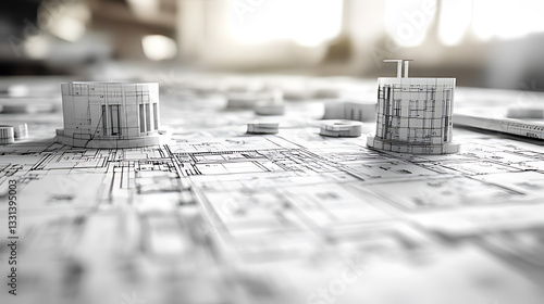 Detailed Architectural Models on Technical Blueprints in a Sunlit Office Setting