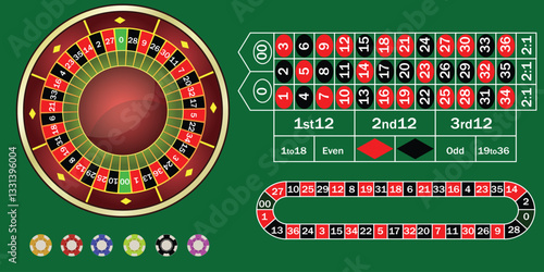 Guide to Roulette Wheel and its Betting Layout Casino roulette table. Vector gamble game background 