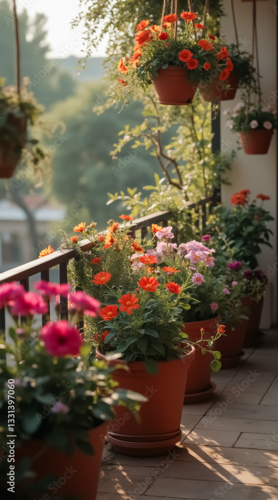 Fototapeta premium vibrant and pink flowers in pots on a sunny balcony