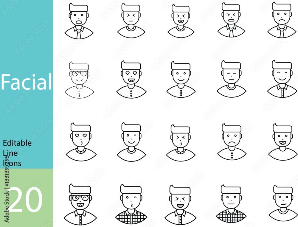 set of men facial icons, men face, men hairstyle, men beard, men hat, men. Editable Line.Vector illustration set of men facial icons, men face, men hairstyle, men beard, men hat, men. Editable Line.Vector illustration