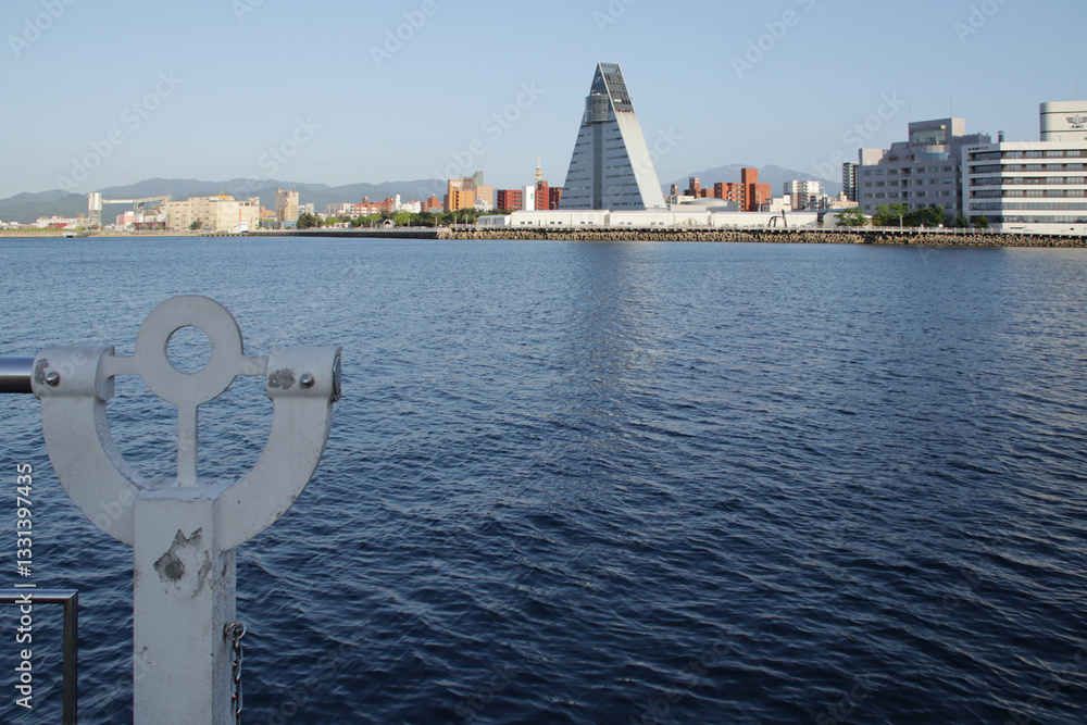 modern buildings and sea in aomori in japan