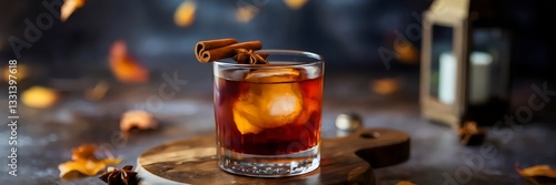 Maple syrup old-fashioned cocktail with cinnamon stick and star anise – Great for cozy fall settings, seasonal drinks, or rustic bar promotions.