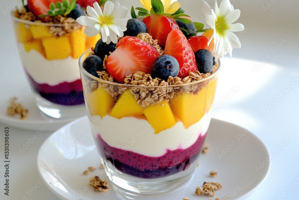 A delicious layered fruit parfait with yogurt, granola, mango, strawberries, and blueberries, served in a glass on a white plate.