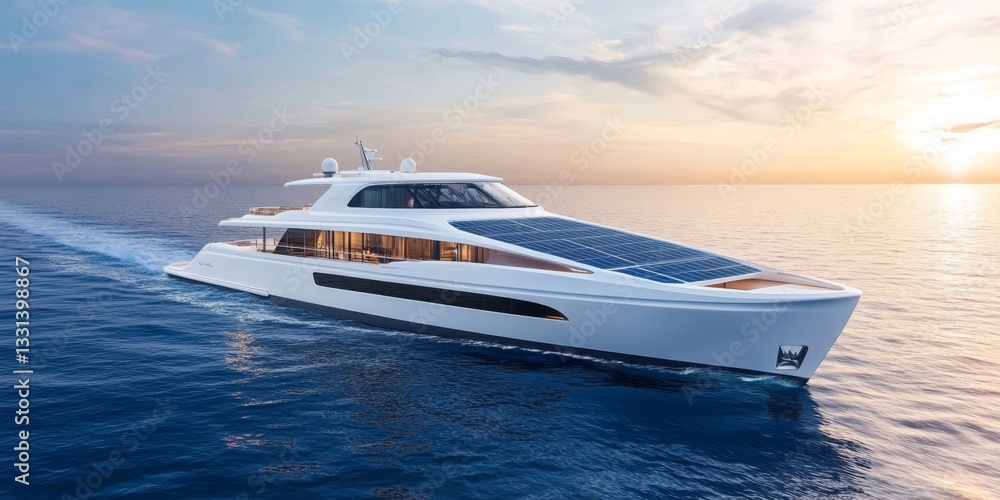 A futuristic yacht navigates the open waters, utilizing solar power for eco-friendly travel A futuristic yacht navigates the open waters, utilizing solar power for eco-friendly travel