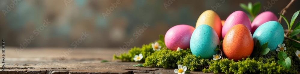Colorful easter eggs on rustic wood background with decorative moss, background, colorful, eggs Colorful easter eggs on rustic wood background with decorative moss, background, colorful, eggs