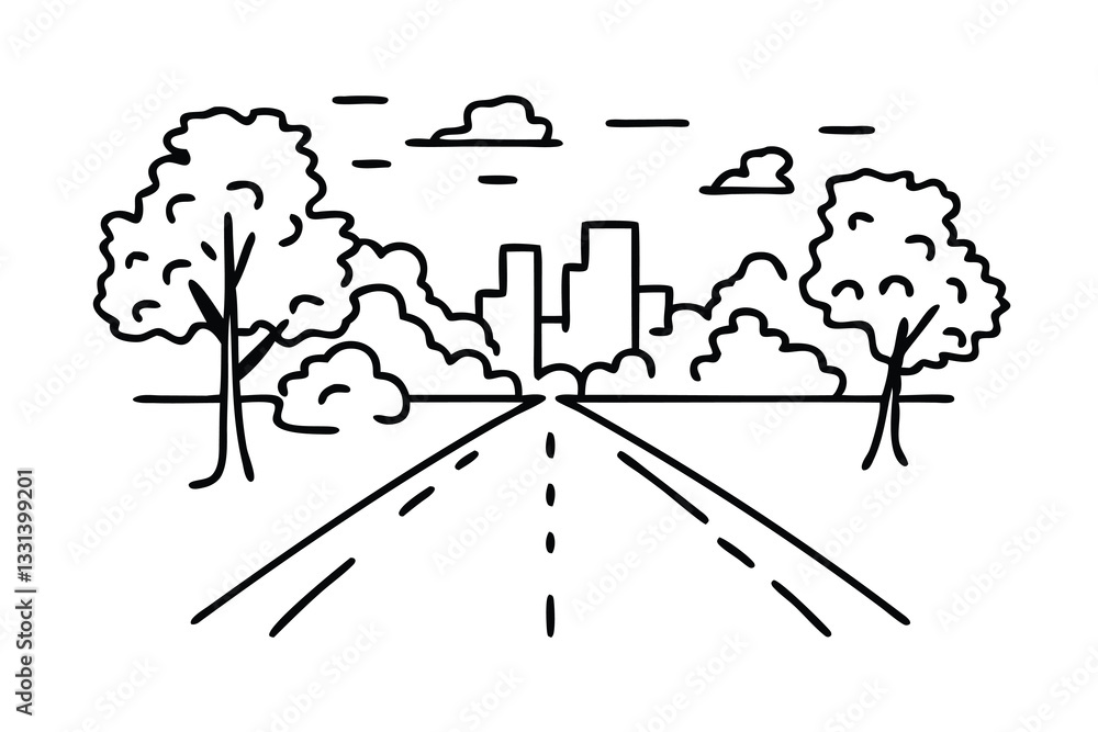 Fototapeta premium Hazy morning on the road. line art flat vector illustration