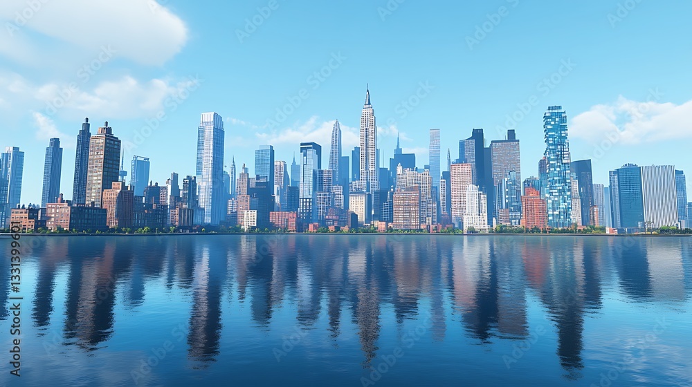 Fototapeta premium Iconic modern skyline reflection over calm waters high resolution picture