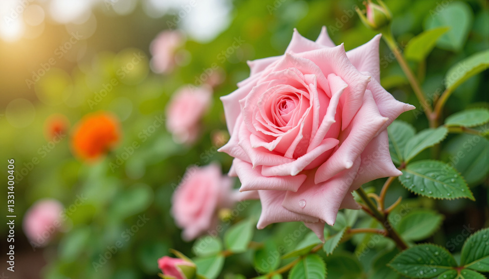 Delicate pink rose with dew drops in lush garden, natural beauty Delicate pink rose with dew drops in lush garden, natural beauty