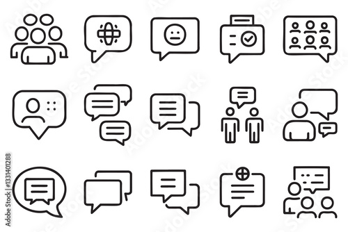 Discussion, speech bubble icon set editable stroke outline isolated flat vector illustration on white background