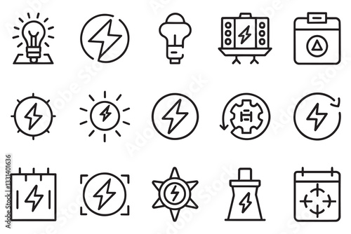  Energy, power, charge and lightning related editable stroke outline icon set flat vector illustration