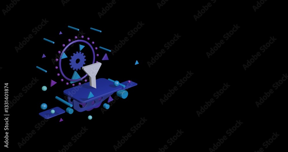 Obraz premium White funnel symbol on a pedestal of abstract geometric shapes floating in the air. Abstract concept art with flying shapes on the left. 3d illustration on black background