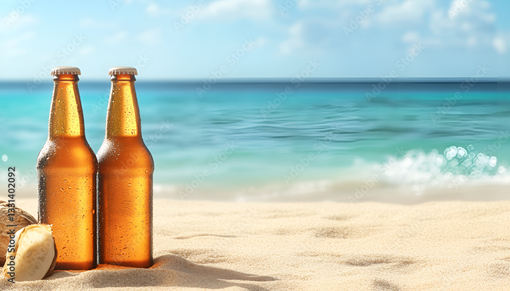 bottles of cold beer, sandy beach, near sea, space for text bottles of cold beer, sandy beach, near sea, space for text