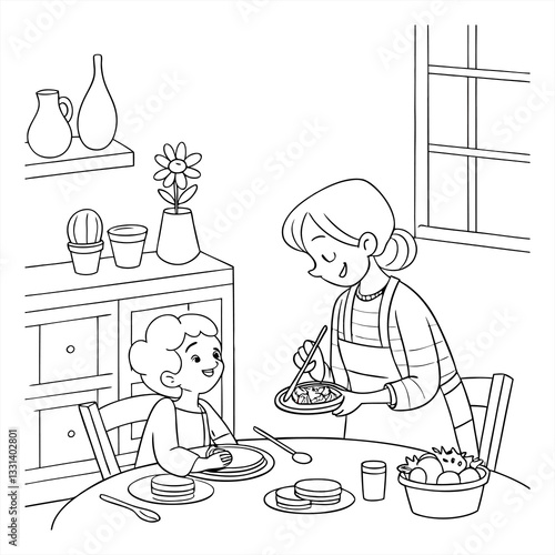 Vector art shows a man, woman, and child in a kitchen, cooking and eating a meal