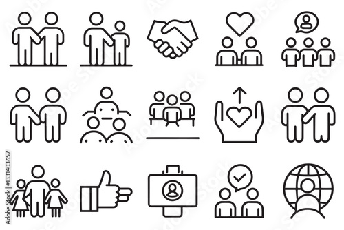 People, friendship, social icon set editable stroke outline isolated flat vector illustration on white background