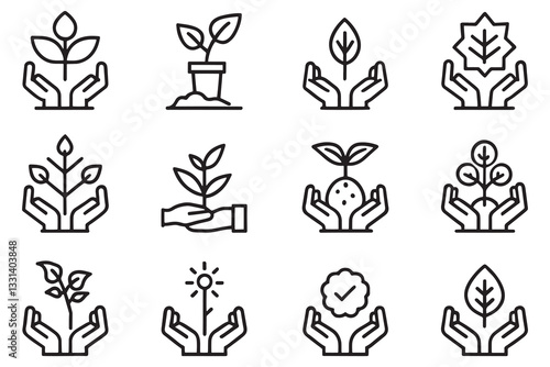 Planting, showcasing a hand placing a seedling into the soil related editable stroke outline icon set flat vector illustration