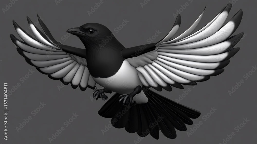 Obraz premium Magpie in flight, 3D render, gray background, design element