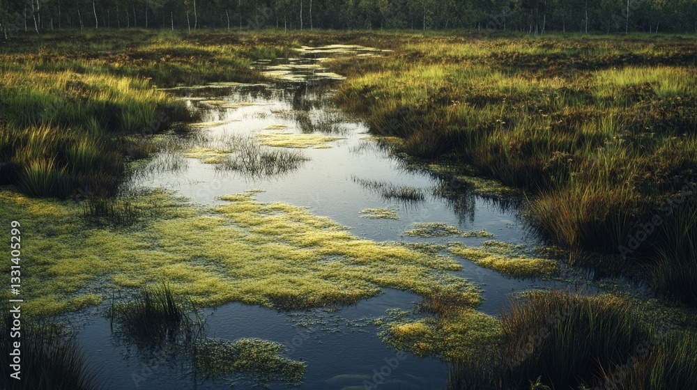 Sphagnum Bog Landscape with Water Reflection in Tranquil Surroundings Sphagnum Bog Landscape with Water Reflection in Tranquil Surroundings