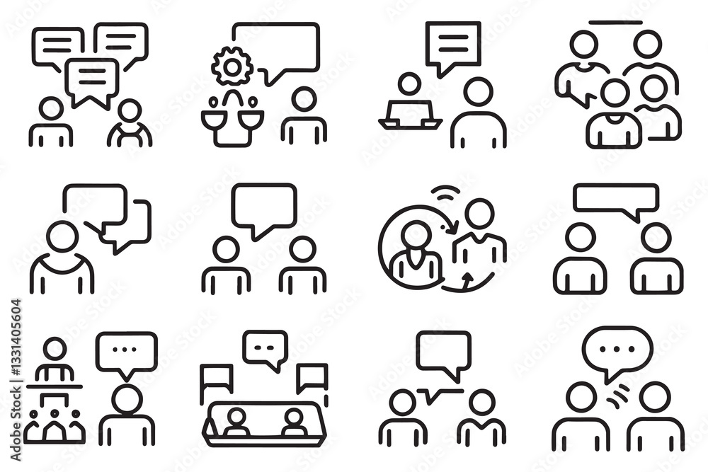 Talking, consultation, conversation icon set editable stroke outline isolated flat vector illustration on white background Talking, consultation, conversation icon set editable stroke outline isolated flat vector illustration on white background