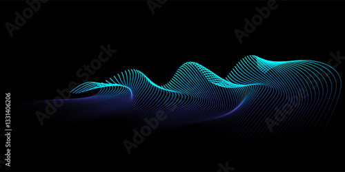 Abstract waves vector wavy lines flowing smooth curve blue green light gradient isolated on black background in concept of technology, science, music, modern.