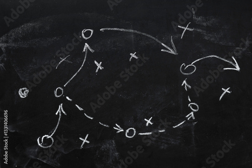 Fototapeta Naklejka Na Ścianę i Meble -  Tactic plan. Hand drawn arrows as strategy scheme sketch, isolated on on the black chalkboard. Business or sport succes concept.