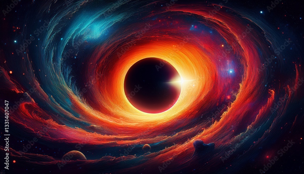 Obraz premium A mysterious black hole pulling in light and matter, distorting the surrounding space in a cosmic whirlpool, creating a surreal and powerful effect. 