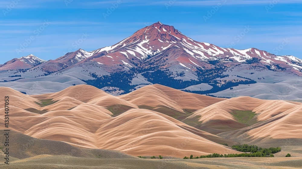 Snow capped Mountain Peak Rising Above Tan Rolling Hills Under a Clear Blue Sky Snow capped Mountain Peak Rising Above Tan Rolling Hills Under a Clear Blue Sky