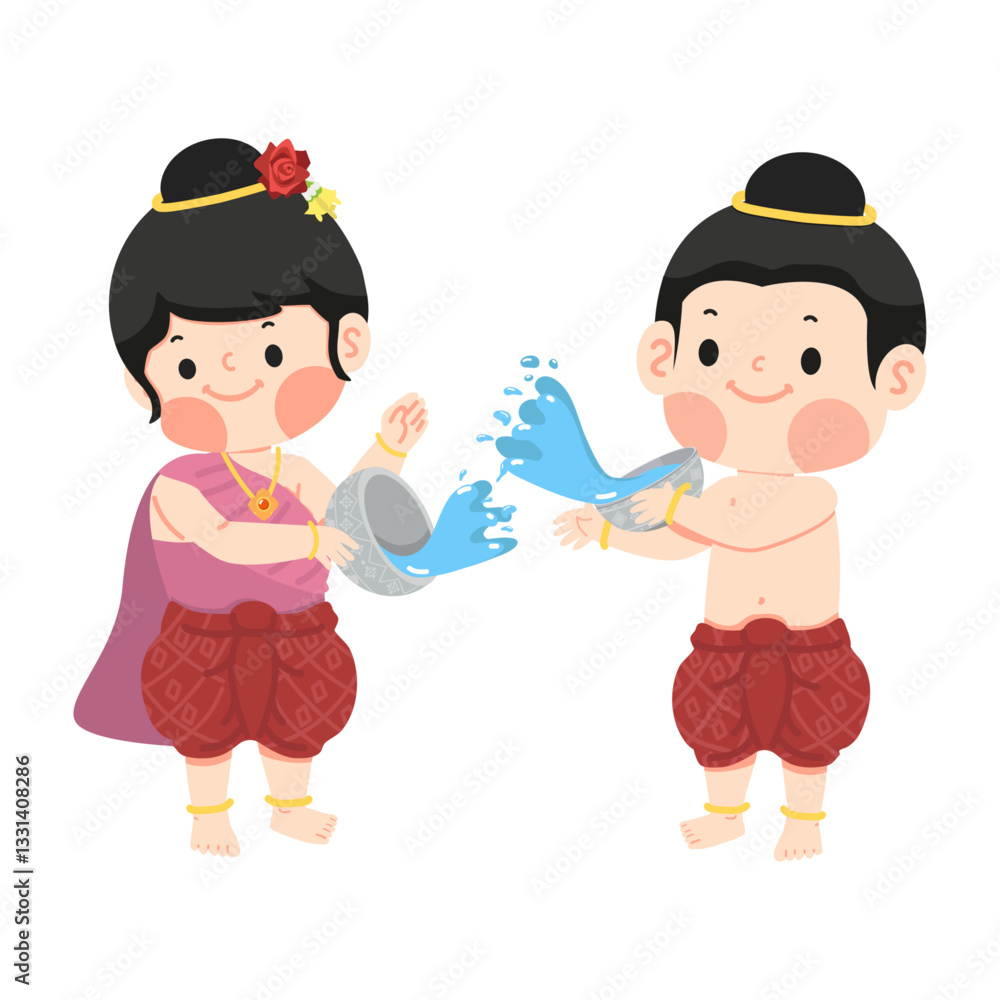 boy and girl joyfully splashing water during Songkran festival boy and girl joyfully splashing water during Songkran festival
