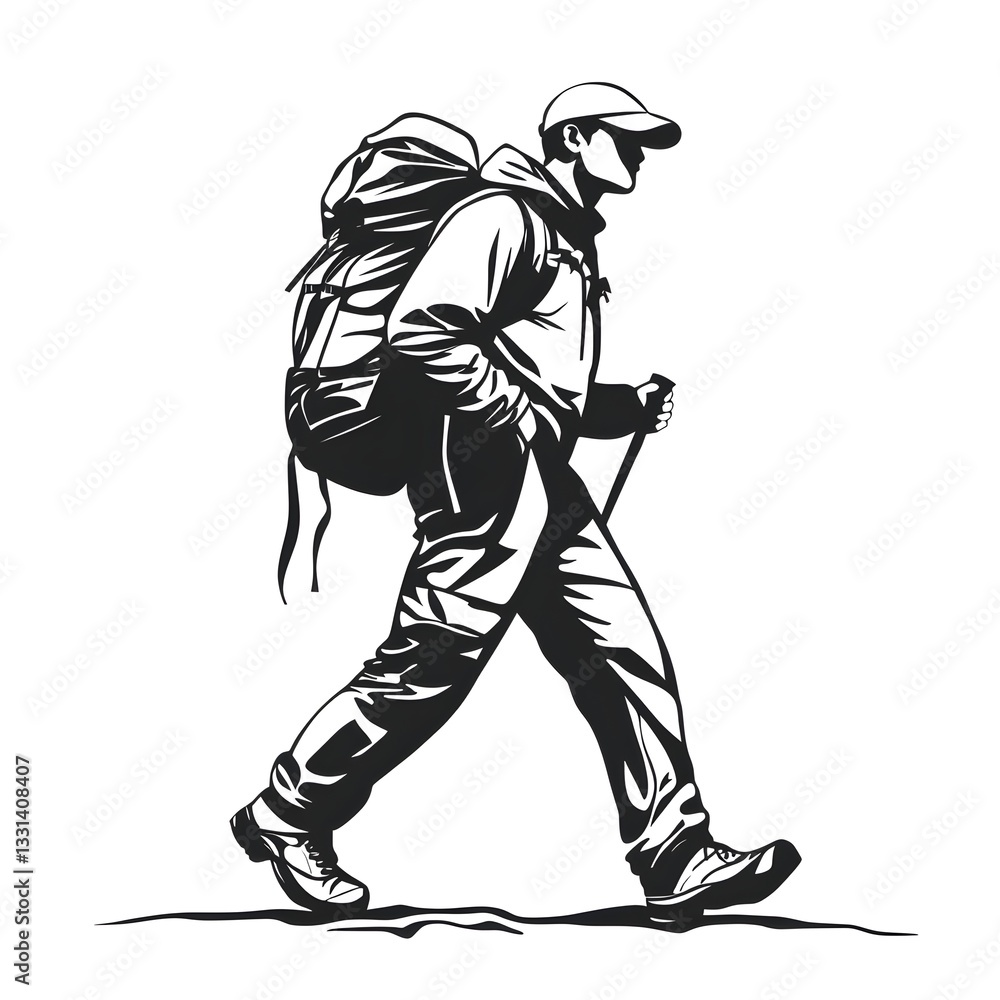 Fototapeta premium The Explorer's Journey: Silhouette of an adventurous hiker traversing rugged terrains, his path illuminated by determination, set against a clean backdrop.