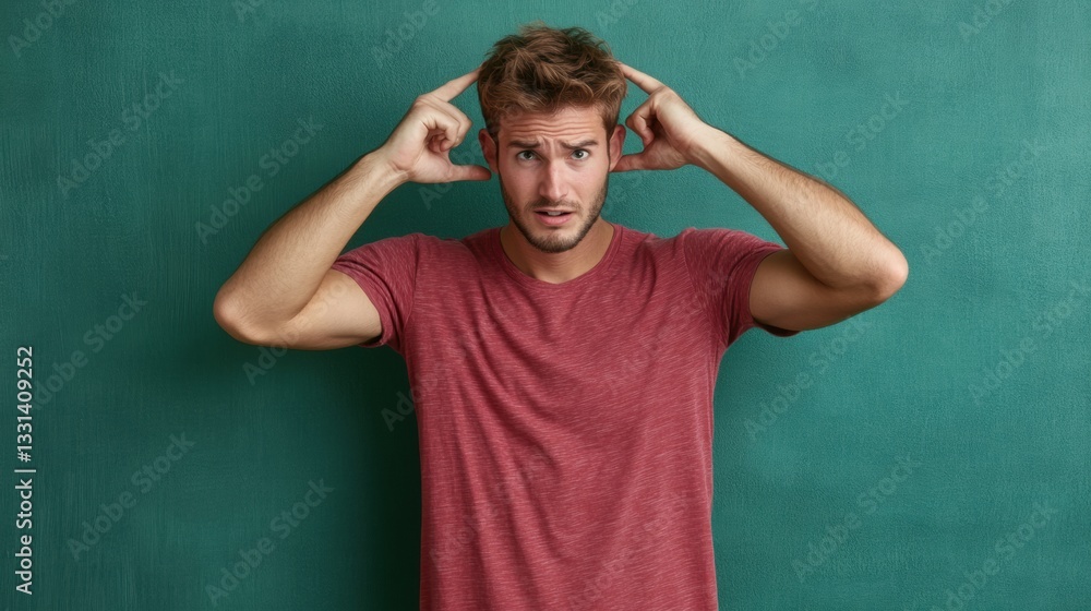 Confused Young Man with Red Shirt Against Green Background Confused Young Man with Red Shirt Against Green Background